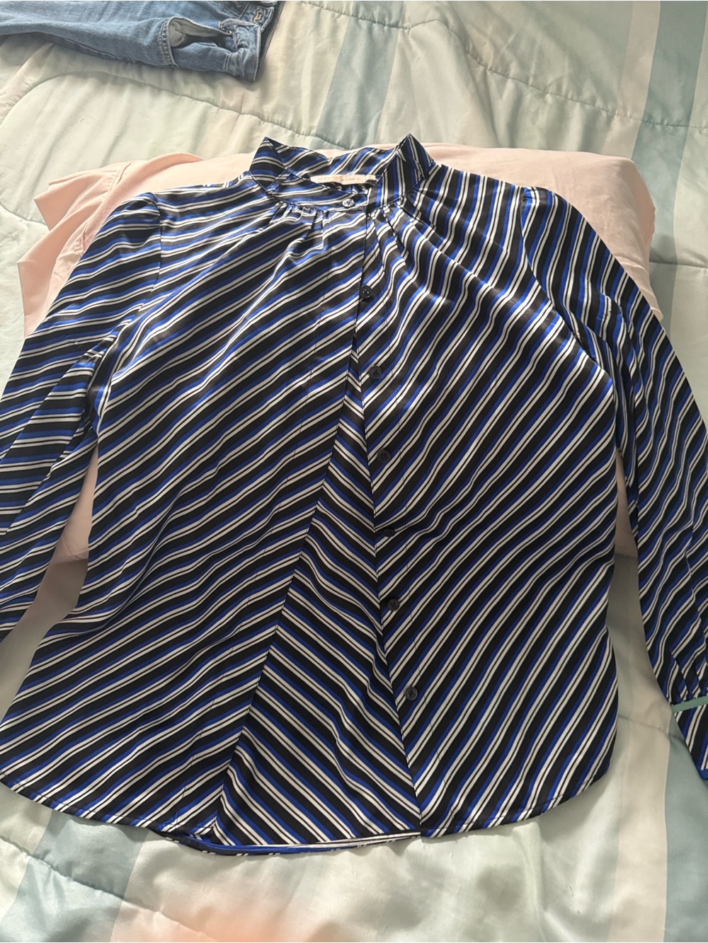 Tory Burch Black, Blue and White Striped Silk Blouse - Picture 9 of 10
